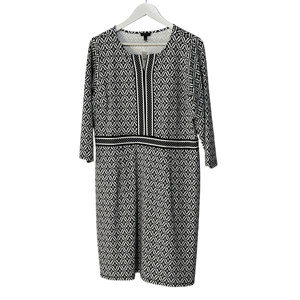 Talbots Womens Petite XLarge Stretch Black White Geo Print Sheath Dress NEW